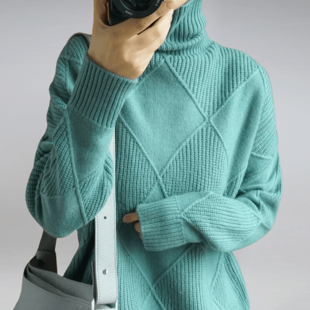 Maglione a Collo Alto Donna | Beige | Geometrico | Maglia a Costine | Casual