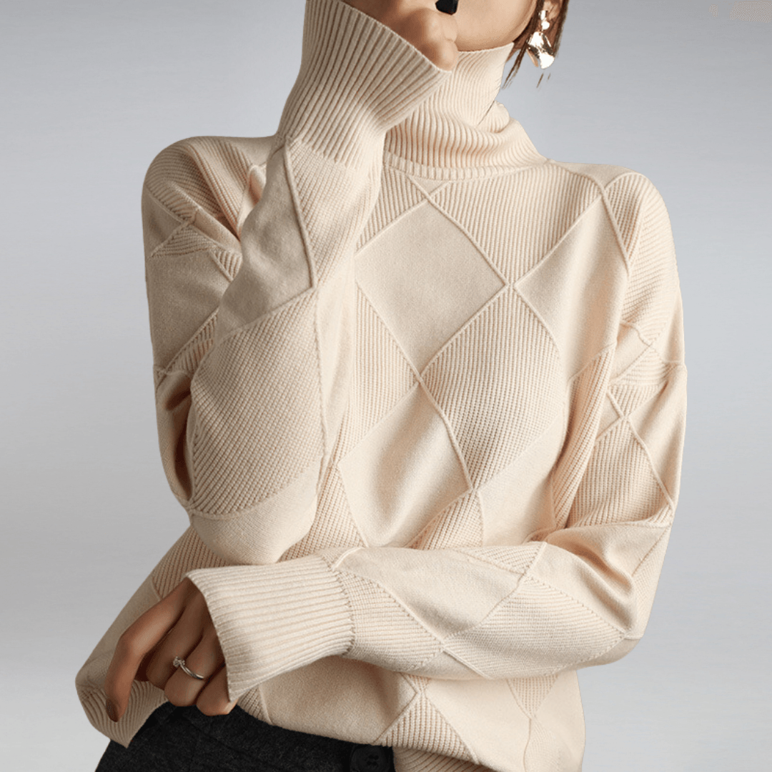 Maglione a Collo Alto Donna | Beige | Geometrico | Maglia a Costine | Casual