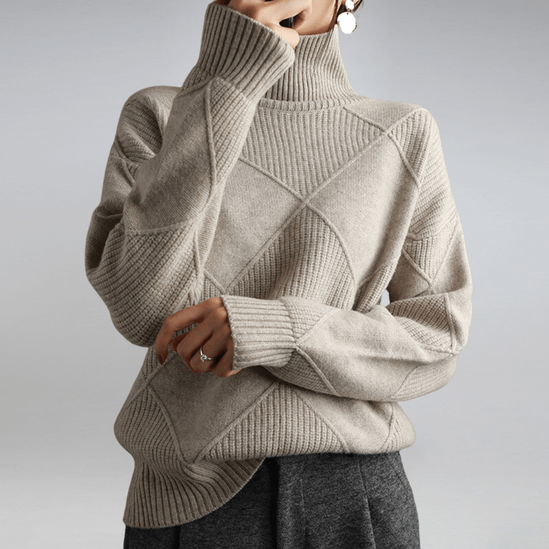 Maglione a Collo Alto Donna | Beige | Geometrico | Maglia a Costine | Casual