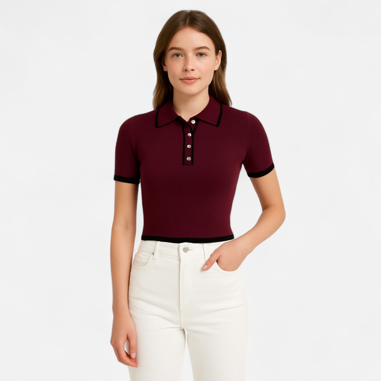 Maglia Polo Donna | Borgogna e Nero | Costine | Manica Corta | Casual