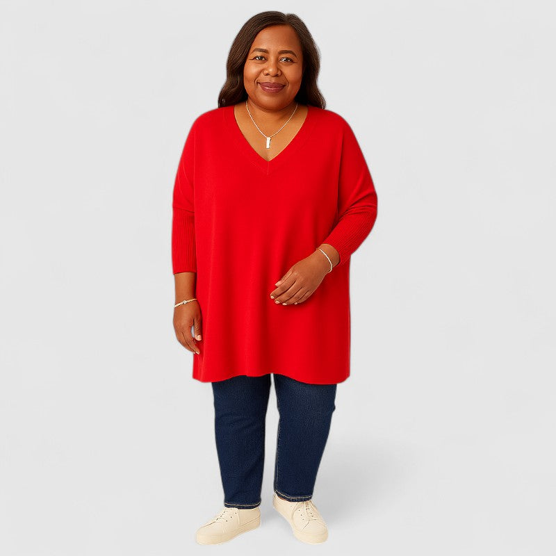 Maglia Oversize Donna | Rosso | Scollo a V | Casual | Manica Lunga