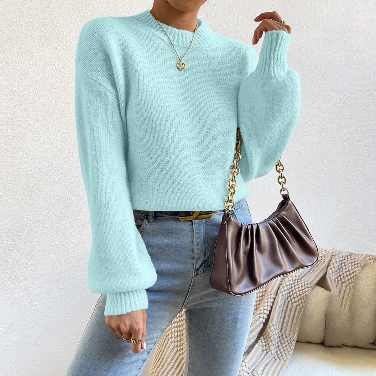 Maglione Donna | Azzurro | Maniche Lunghe | In Maglia | Stile Casual