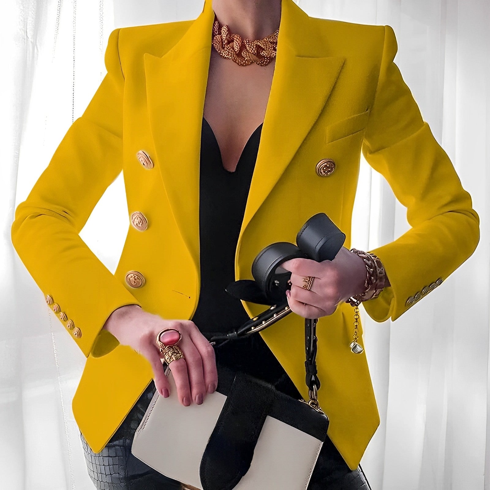 Blazer da donna elegante | Nero | Doppiopetto | Bottoni dorati