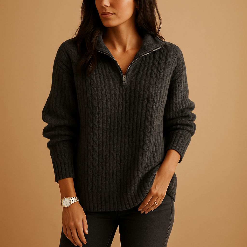 Maglione Donna a Costine | Collo Alto con Zip | Beige | Invernale