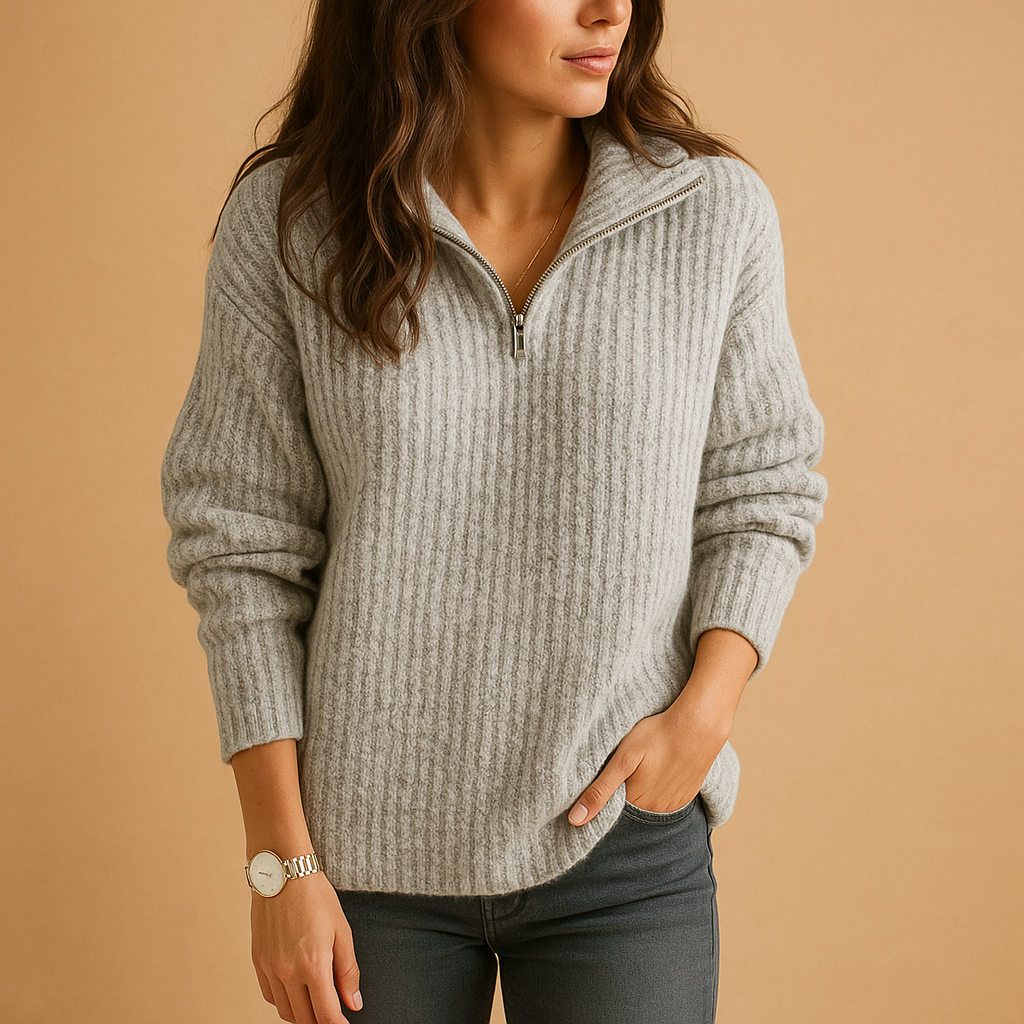 Maglione Donna a Costine | Collo Alto con Zip | Beige | Invernale