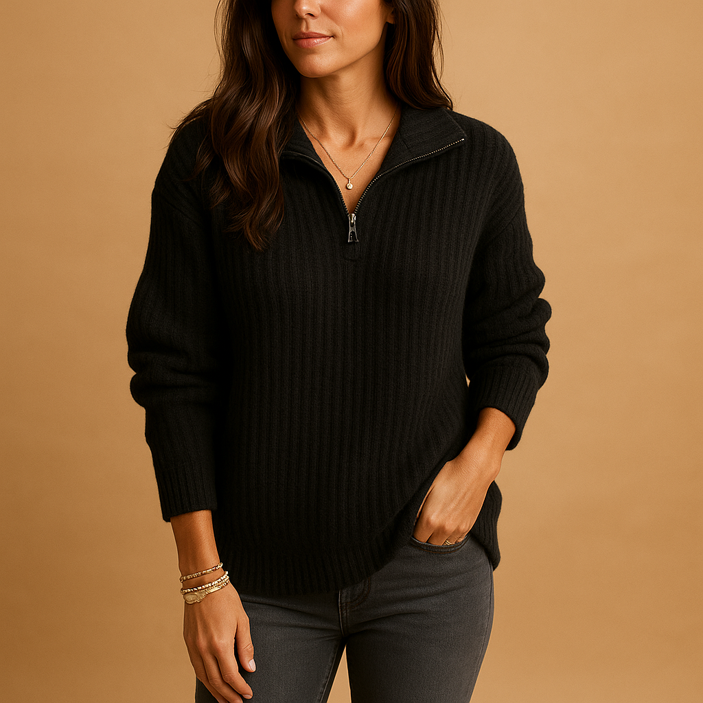 Maglione Donna a Costine | Collo Alto con Zip | Beige | Invernale