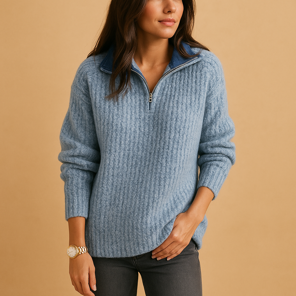 Maglione Donna a Costine | Collo Alto con Zip | Beige | Invernale