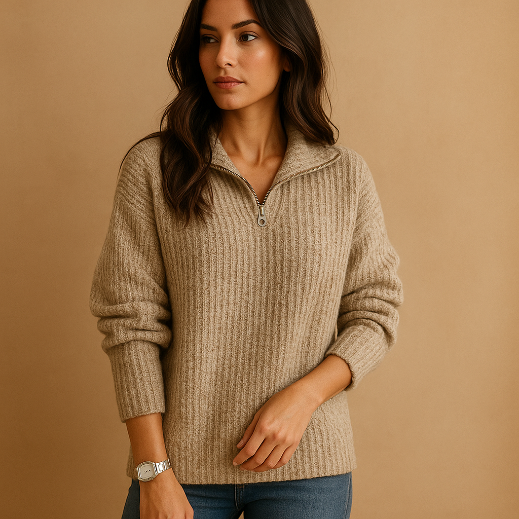 Maglione Donna a Costine | Collo Alto con Zip | Beige | Invernale