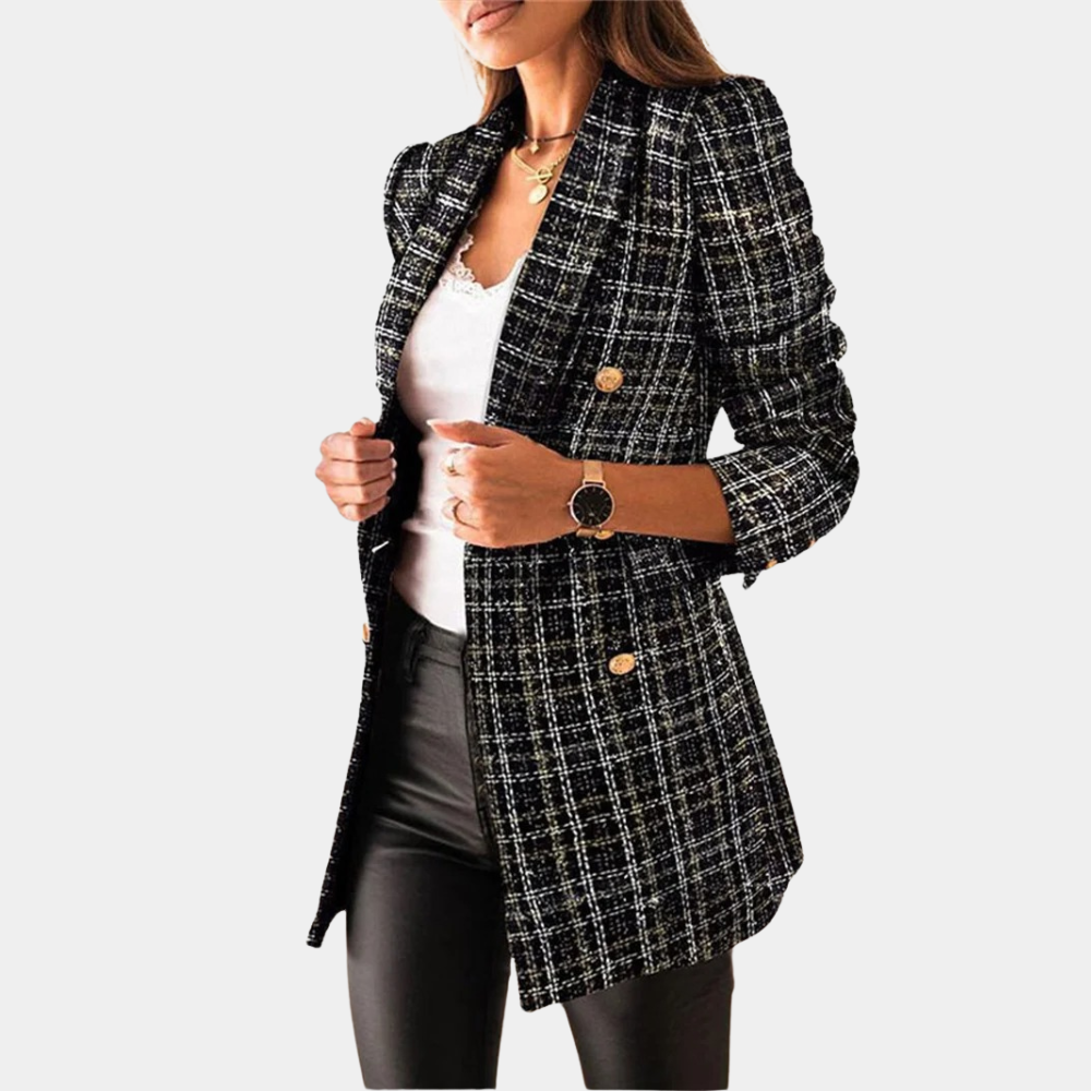 Cappotto Donna | Tweed Marrone | Doppiopetto Elegante | Bottoni Oro