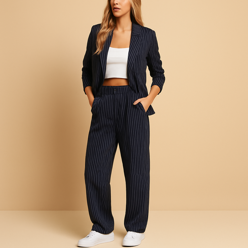 Completo Pantaloni Donna | A Righe Blu | Elegante | Due Pezzi