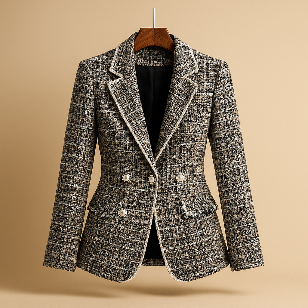 Giacca da Donna | Elegante Tweed | Grigio e Bianco | Doppio Petto | Tasche Decorative