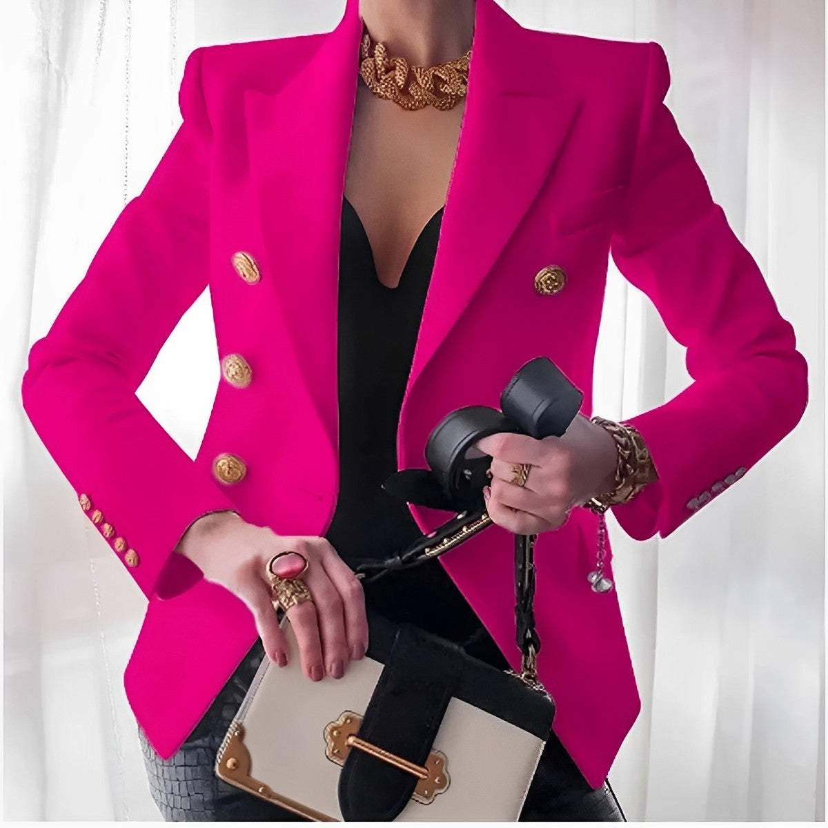 Blazer da donna elegante | Nero | Doppiopetto | Bottoni dorati