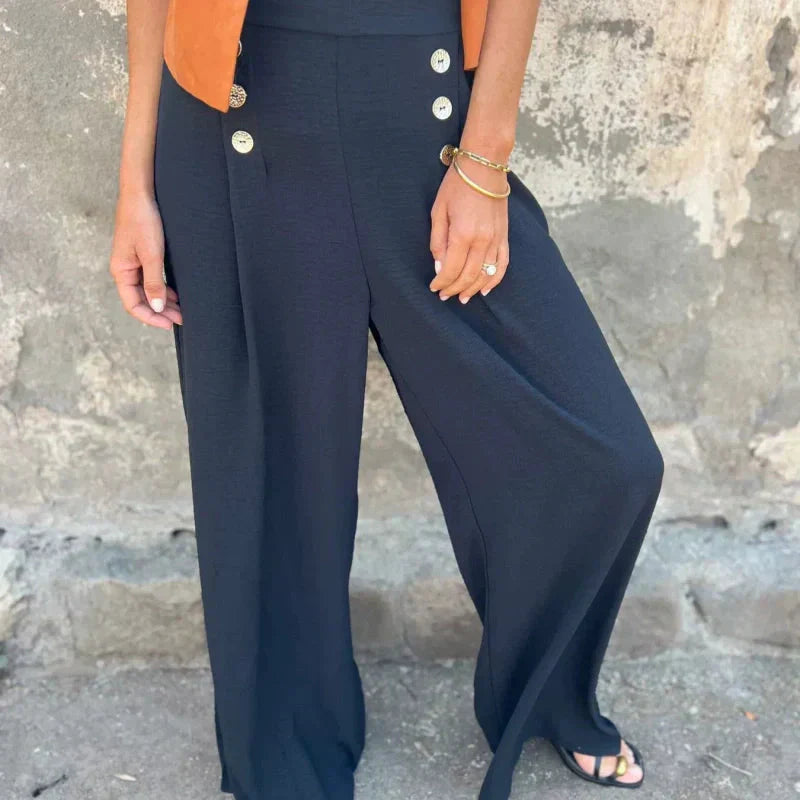 Pantaloni a Gamba Larga | Vita Alta & Bottoni | Eleganti e Comodi