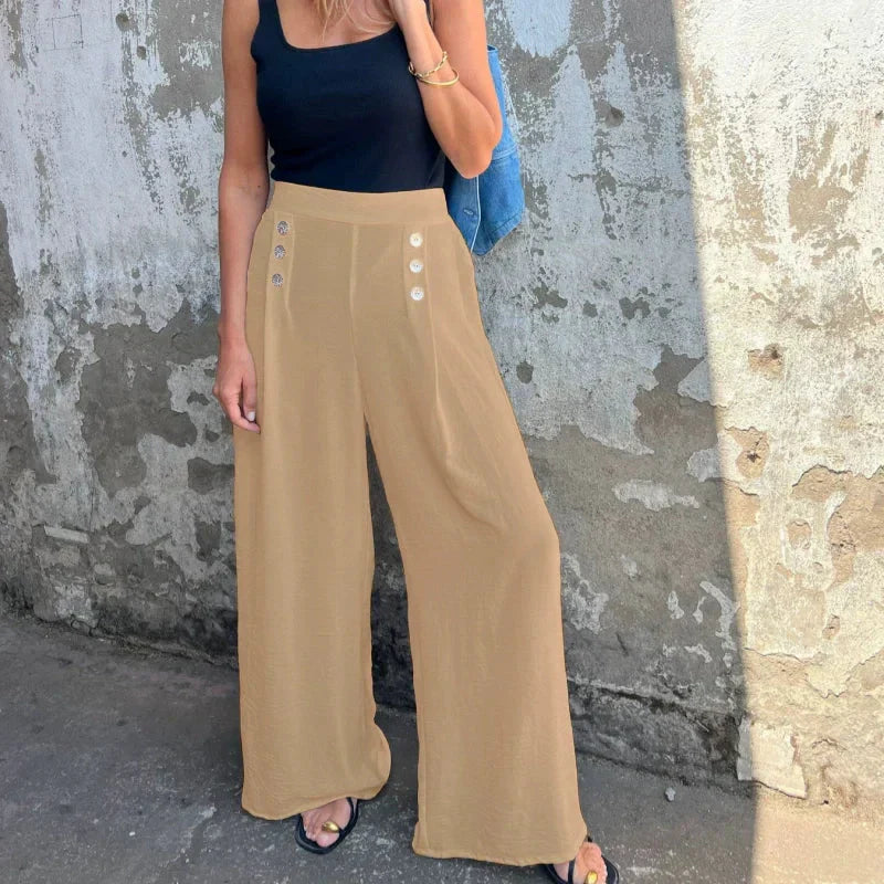 Pantaloni a Gamba Larga | Vita Alta & Bottoni | Eleganti e Comodi