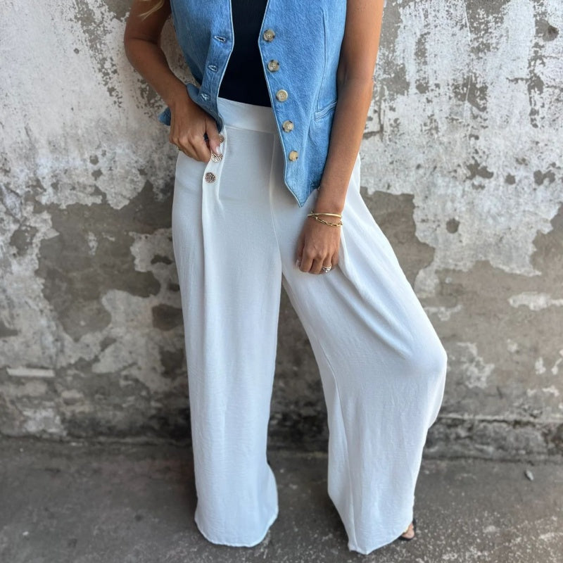 Pantaloni a Gamba Larga | Vita Alta & Bottoni | Eleganti e Comodi
